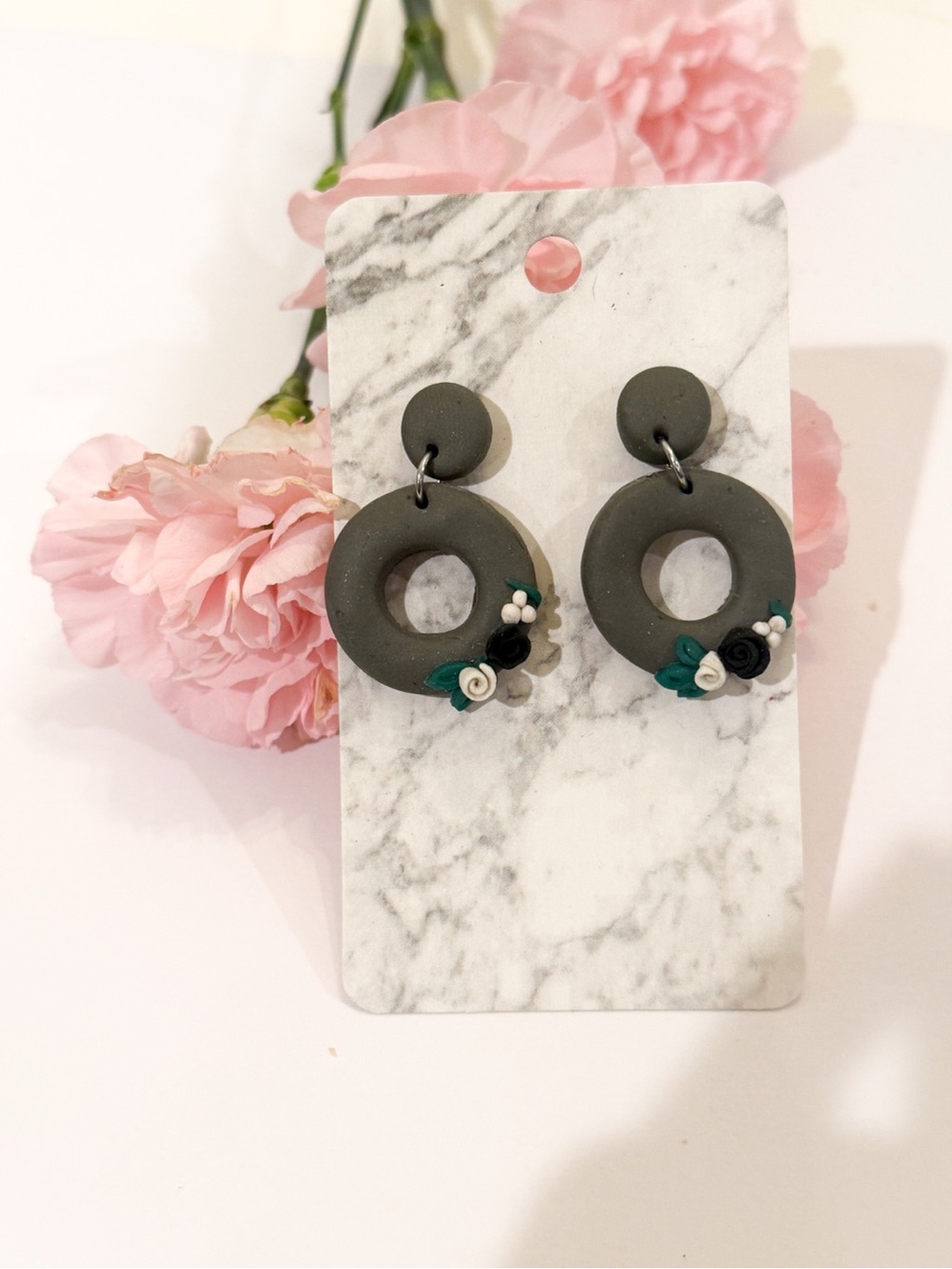 Handmade Gray Floral Hoop Earrings
